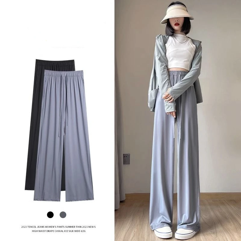 

Spring Summer Female Ice Silk Trousers Casual Solid Elastic Waist Loose Drapey Wide Leg Simple Fashion Sun Protection Pants