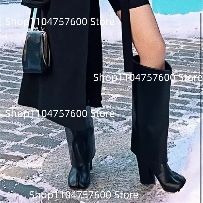 

Women's Black Leather Knee High Boots Tabi Toe Design Chunky Heel Boot Unique Event Edgy Ladies Large Size Retro Daily Botas