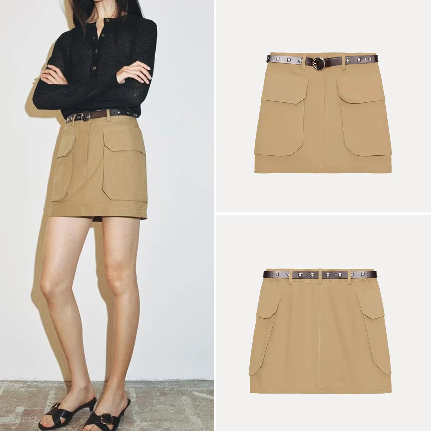 

Женская модная юбка в рабочем стиле Весна 2026 с поясом, высокая талия, А-силуэт, стандартный крой, другие/другие ткани