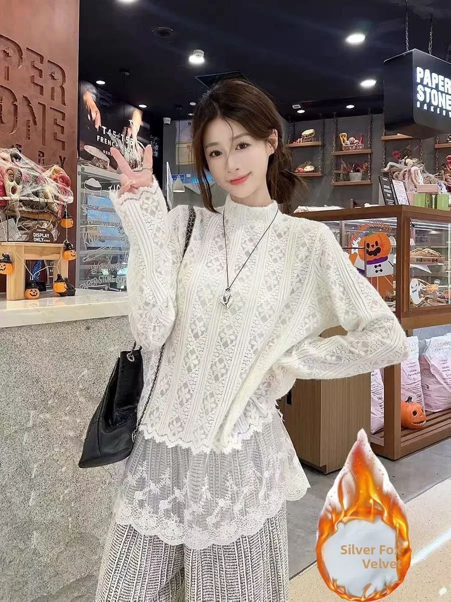 

Lace Knitwear Women's Loose Fit High Ne Fce Lined Slimming Top Autumn Winter Faion Design Layering Base irt