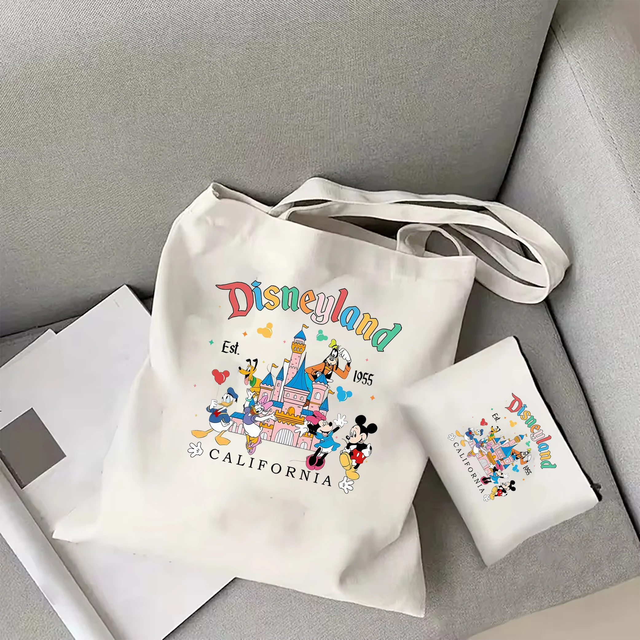 Miniso Disneyland California tote bag Disneyland Est 1955 Mickey Canvas Bag Retro Mickey And Friends Magical Castle travel bag