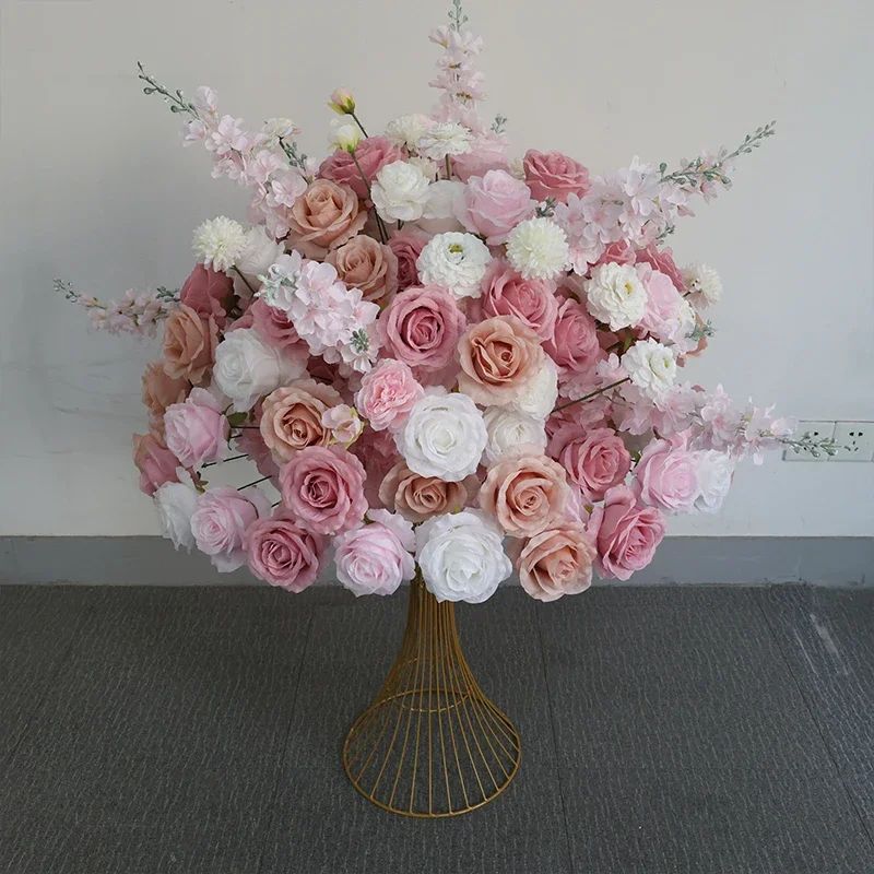 Künstliche rosa Rosen mit grünen Blättern, Deko-Blumenkugeln für Tischdekorationen, Hochzeitstisch-Accessoires, Bühnendekoration, florale Präsentation. – Detail 3