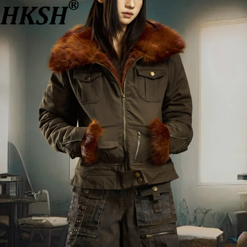 

HKSH Новое зимнее женское стеганое пальто с воротником из искусственного меха в стиле пэчворк, цветная молния, уличная одежда с несколькими карманами, теплая куртка Y2K HK14806