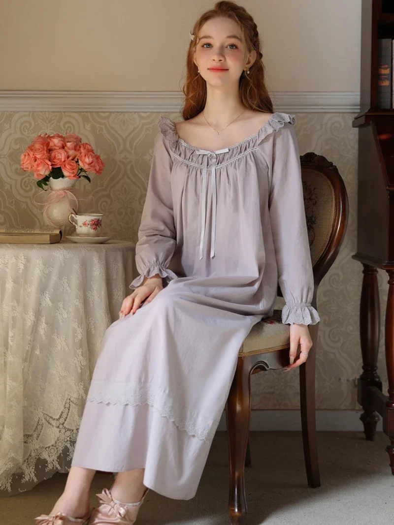 Female French Spring Cotton Pajamas Ruffles Fairy Nightdress Sleepwear Sexy Sweet Victorian Princess Home Clothes for Women