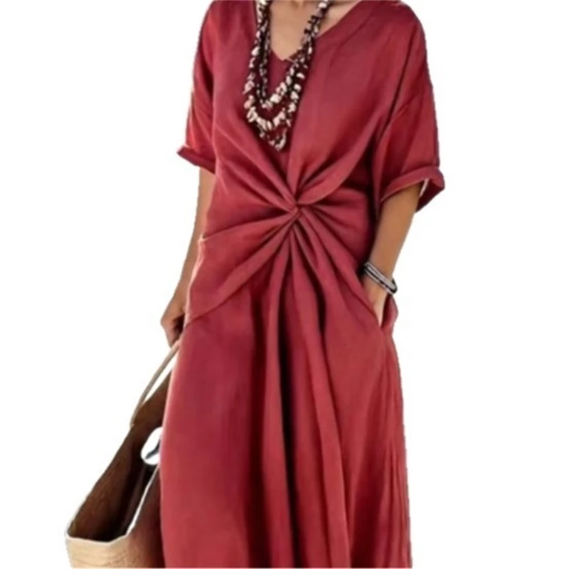 Elegant Striped Print Short Sleeve Woman Dress Casual V Neck Vacation Beach Maxi Dress Summer Boho Loose Irregular A-Line Dress