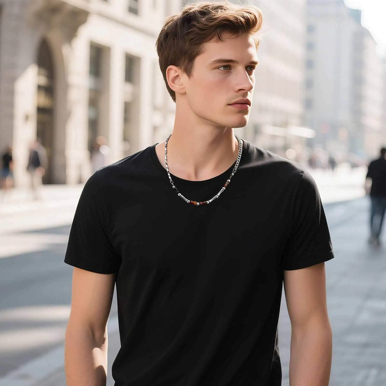 Vnox 46-51cm Adjustable Steel Bamboo Necklace with Lobster Clasp, Natural Agate Beads Minimalist Jewelry Gift for Men Women