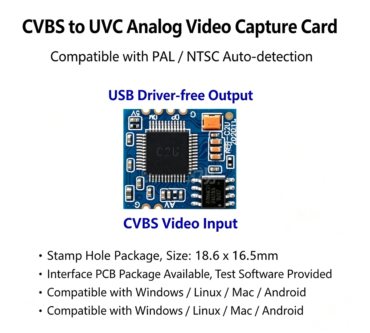 CVBS to UVC Video Capture Module, Analog AV to USB Camera Board, PAL/NTSC Auto Recognition, UVC Driver-Free, Stamp Hole PCB Modu