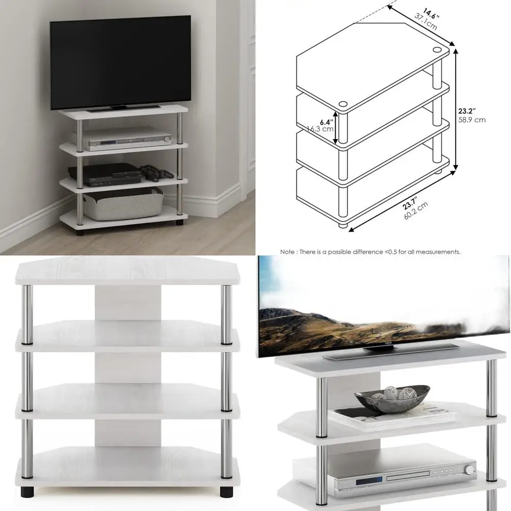 

Stainless Steel & White Oak 4-Tier TV Stand, Easy Assembly, for TVs up to 25, Chrome Accents
