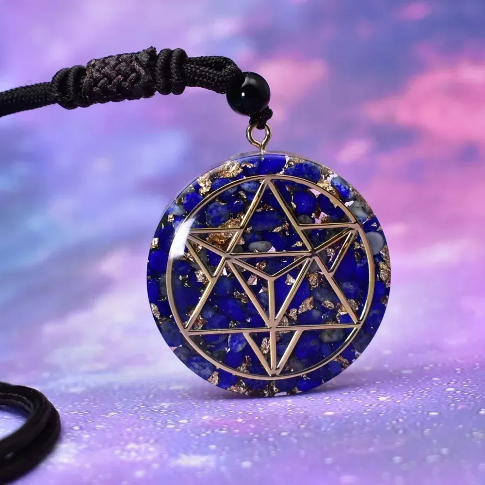 Healing Lapis Lazuli Chip Stones Crystal Merkaba Hexagram Orgonite with Foil Gold Mental Geometry Hanging Decor