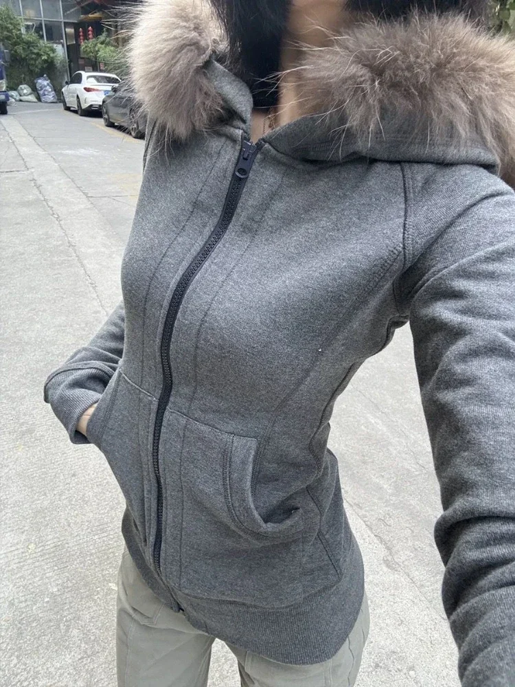 

Y2k Aesthetic Patchwork Fur Vintage Hooded Coats Harajuku Casual Zippers Slim Fit Jackets Women Grunge Pocket Grunge Sweatshirts