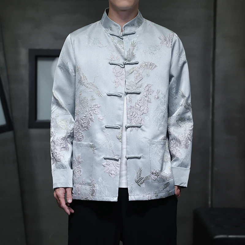 

Retro Men's Tang Costume Sle Jaet Long Sve Loose Large Size Coat New Chinese Han Suit Youth Autumn Winter Flowers Embr...