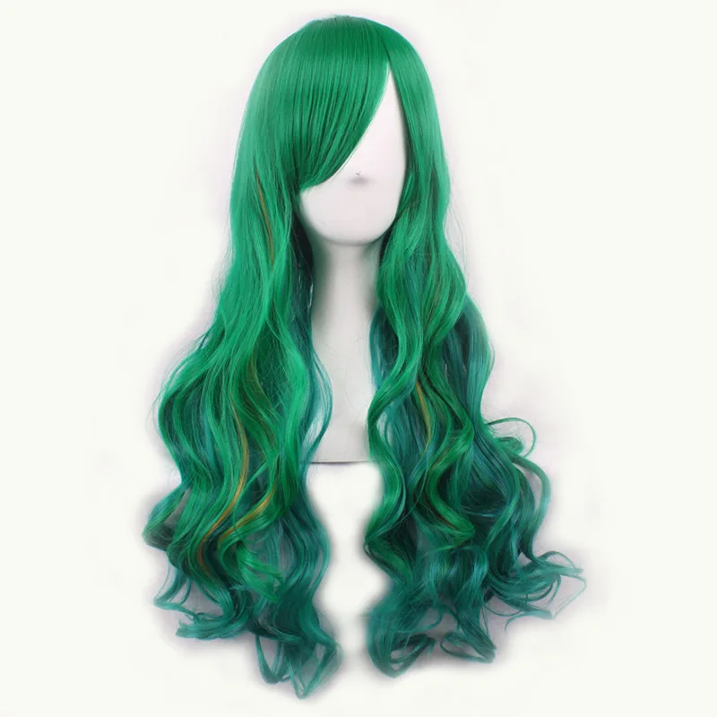 日本の原宿スタイルグリーンウィッグカラフルな輸出女性ロングカーリーヘアサイド前髪かつら全頭かつらビッグウェーブ合成繊維