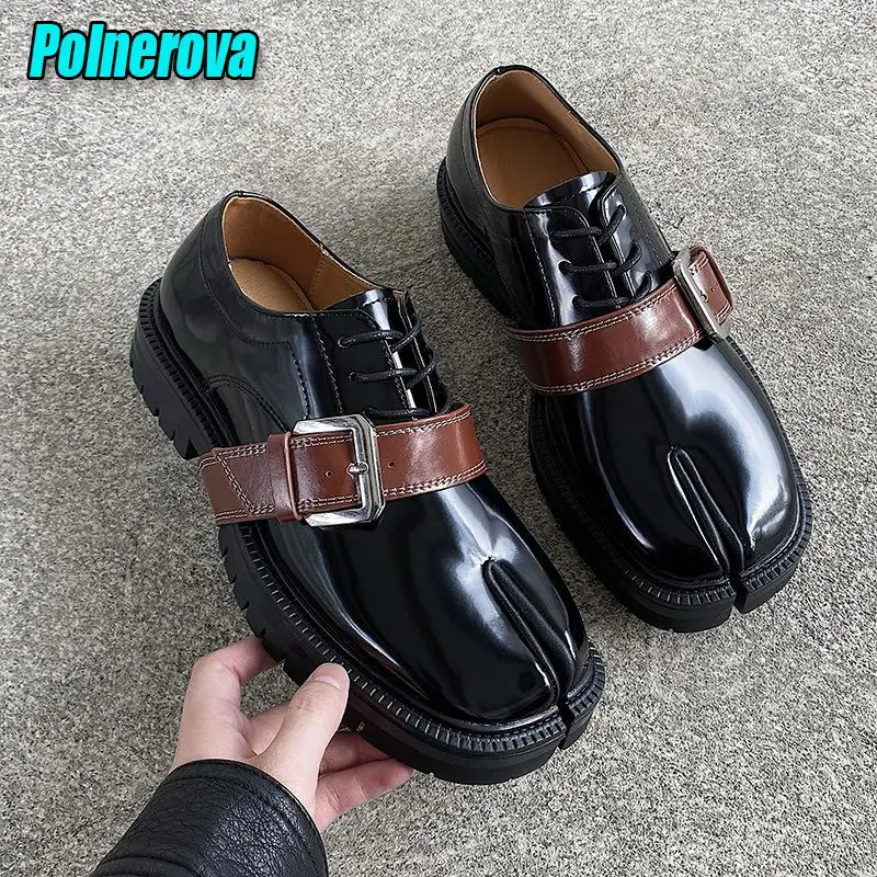 British Split Toe Tabi Shoes for Men Women Black Leather Retro Belt Bucke Lace Up Oxfords Platform Chunky Heel Shoes Big Size