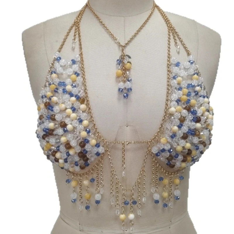Mixed Color Stone Beaded Bra Bikini Crop Tops Summer Halter Acrylic Crystal Vest Breast Body Chain Vetement Femme Ropa De Mujer