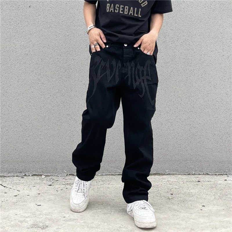 

Y2K Emo Men's Fashion Black Streetwear Embroidered Low Rise Casual Jeans Trousers Straight Hip Hop Alt Denim Pants Male Clothes