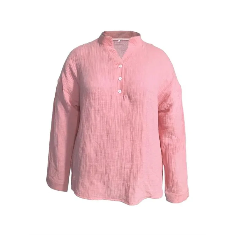 Kemeja Berkancing Kasual Wanita Ukuran Besar 1XL-5XL Kemeja Lengan Panjang Leher V Lipatan Longgar Musim Panas Atasan Blus Solid Wanita