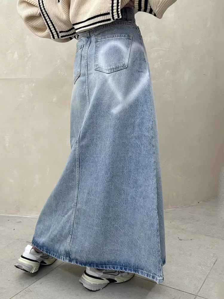 

SuperAen 2024 Korea Chic Spring Vintage High Waist Versatile Heart Printed A-line Denim Skirt