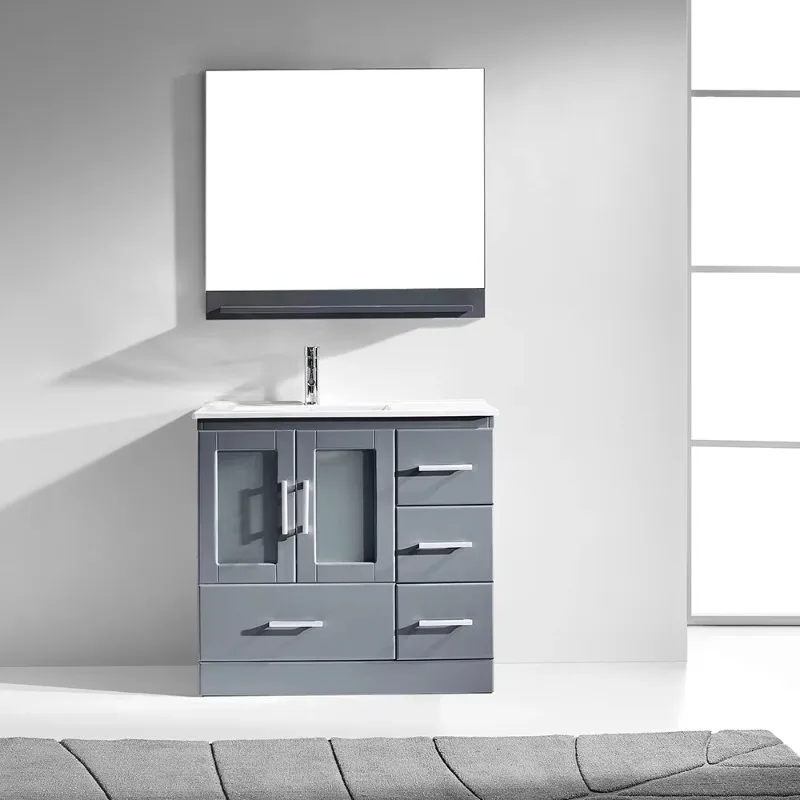 

Double door four drawer dark grey lacquered solid wood freestanding bathroom cabinet