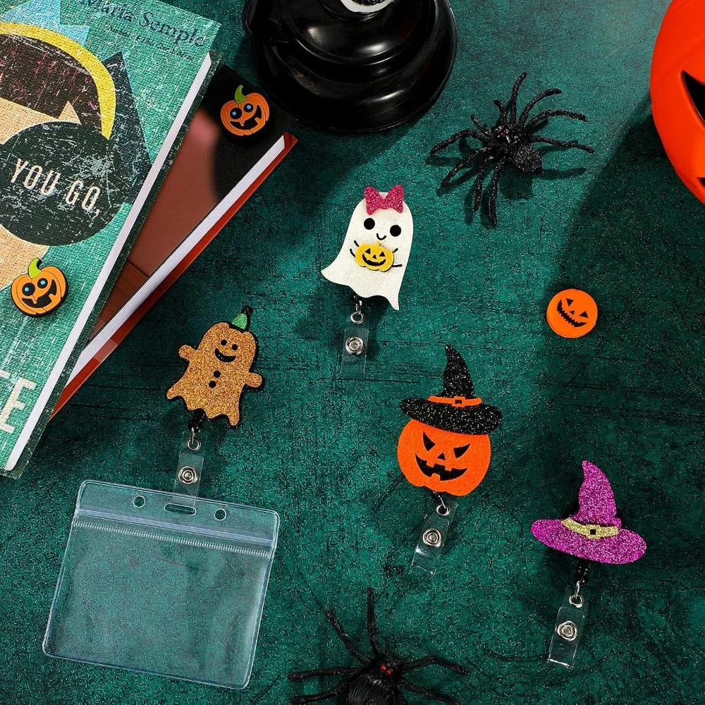 مجموعة مشابك شارة الهالوين مكونة من 4 قطع. مشابك لباد قابلة للتوسيع مع تصميمات اليقطين والساحرة للموظفين الطبيين والمكتبيين.