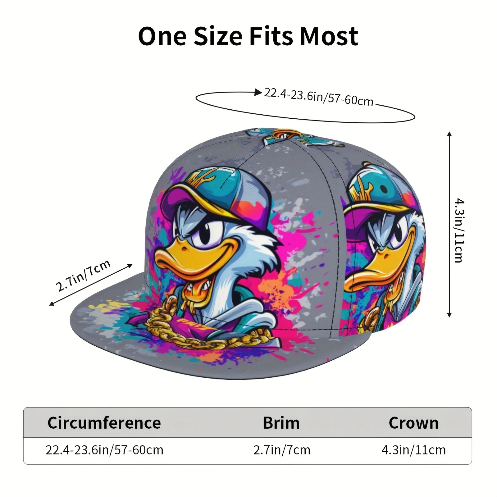 Unisex Adjustable Snapback Baseball Cap - Vibrant Graffiti Cartoon Duck Street Art Design, Lightweight 100% Polyester, Machine W