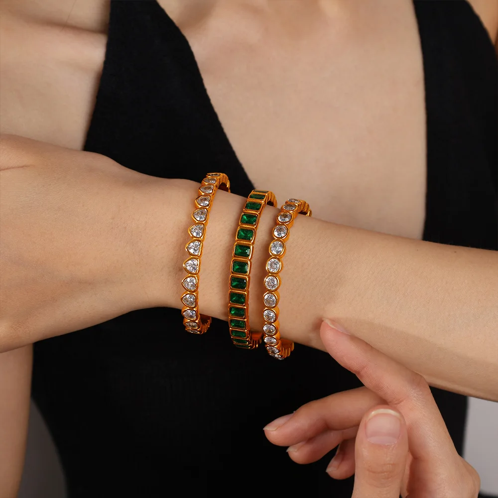 

New Light Luxury Stainless Steel Bracelet Inlaid Colorful Rhinestones Luxurious Open Cuff Bangles For Women Jewelry Gift