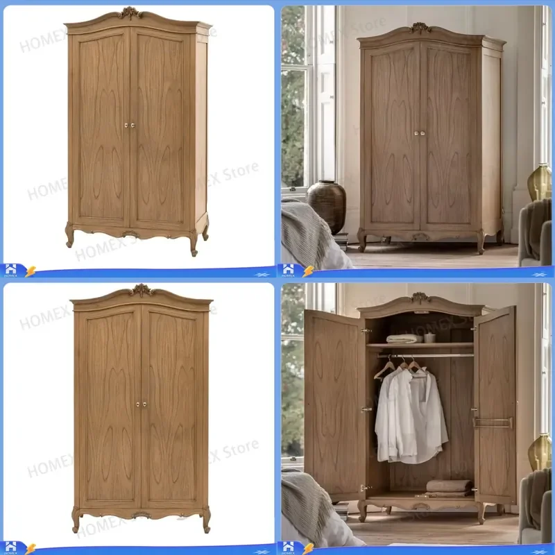 French Style Solid Wood Wardrobe Retro Hand Carved 2 Door Armoire Curved Legs Bedroom Storage Cabinet Vintage Furniture Home