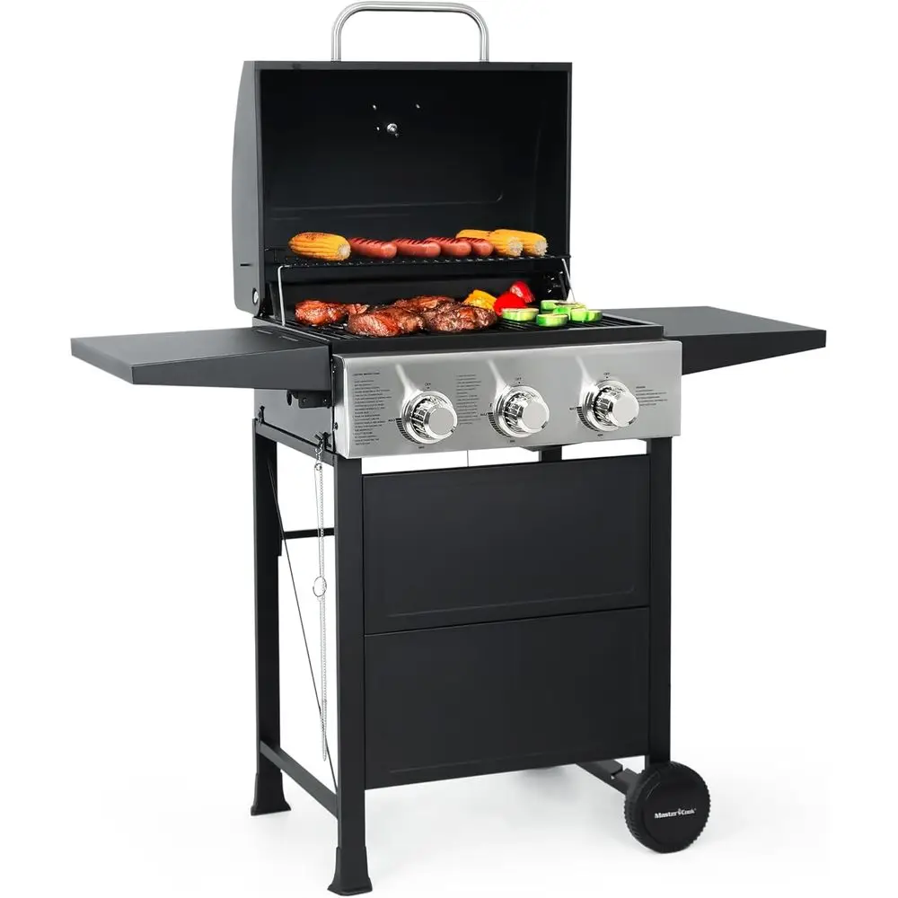 

Stainless Steel 3-Burner Propane Grill with 30,000 BTU, Foldable Side Shelves for Patio & Garden Use