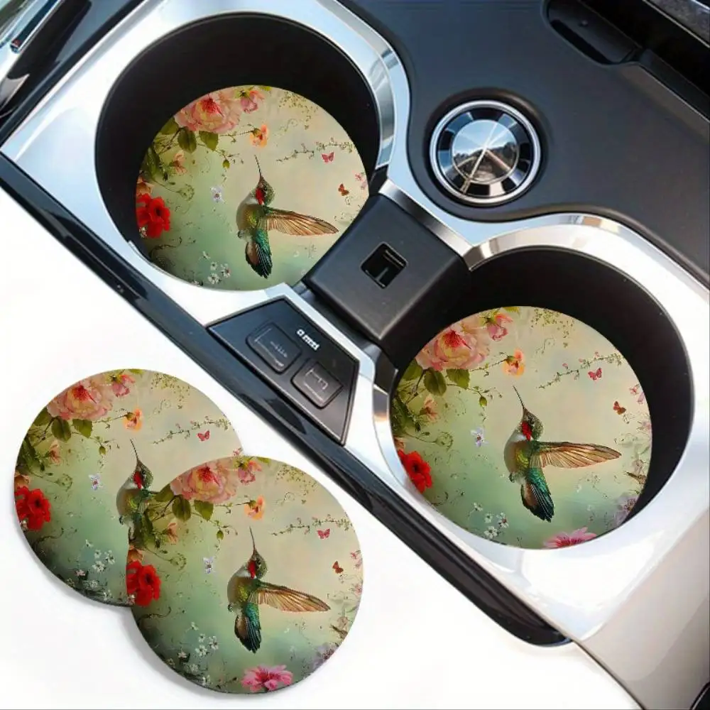 Hummingbird & Floral EVA Car Cup Holder Coasters 2pcs Non-Slip Drink Mats Car Interior Accessories