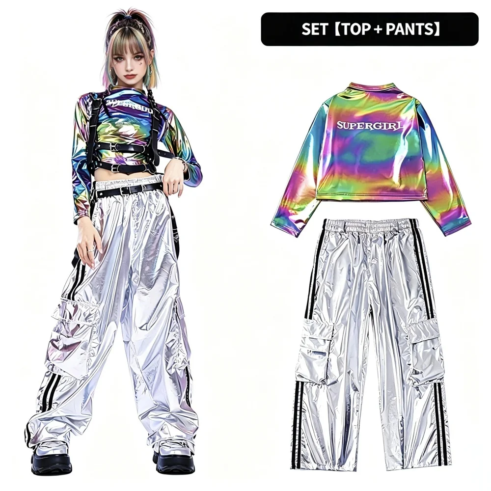 Girls Sequins Iridescence Hip Hop Costume Crop Top Silver Shiny Pants for Kids Jazz Clothes Street Dance Stage Sets Performance