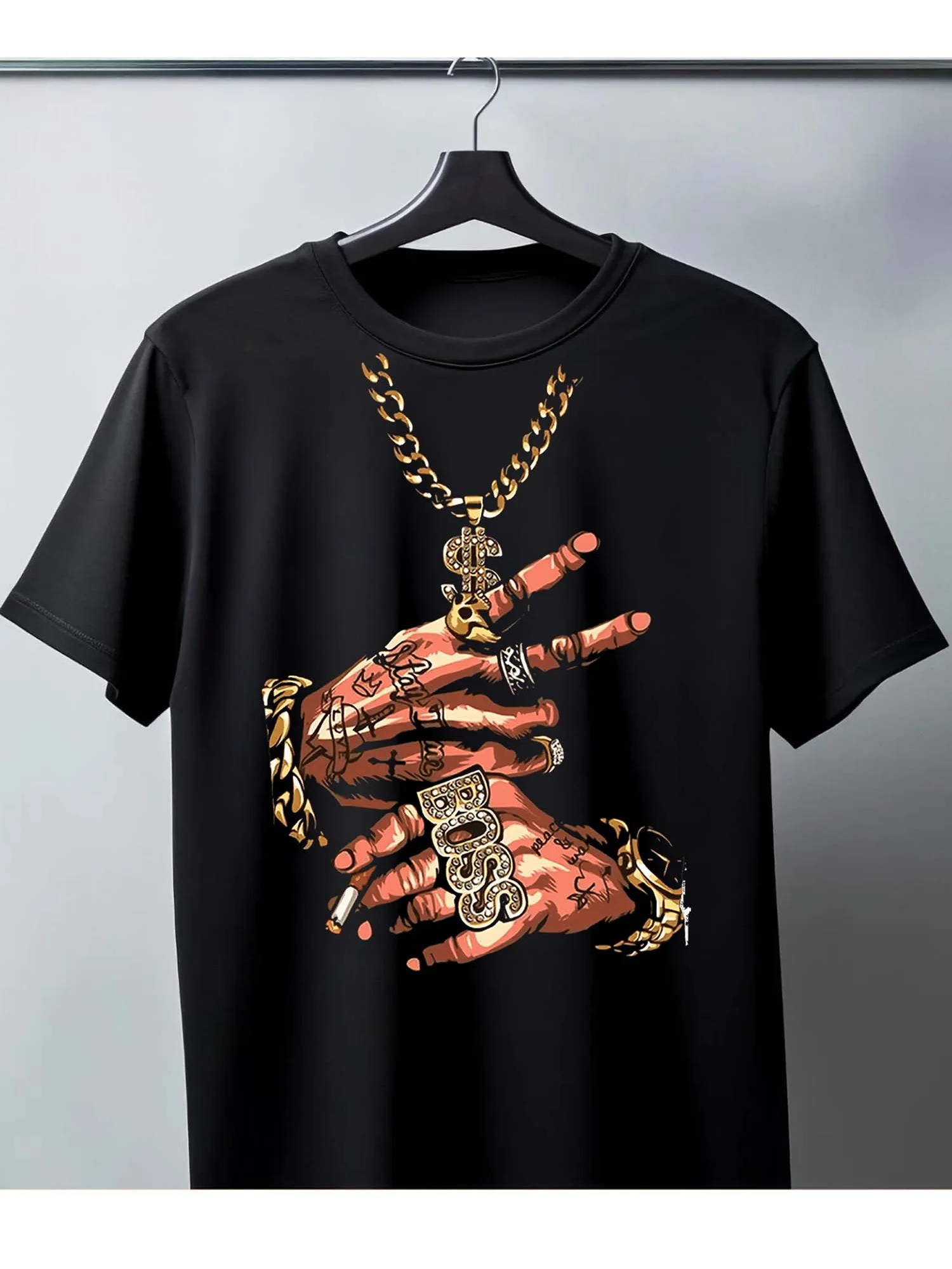Men's Solid Color- Black T-Shirt: Shiny Gang Hand Theme