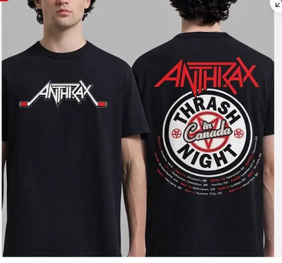 Anthrax Thrash Night in Canada Double Sided T Shirt Cotton Short Sleeve Hockey Stick Logo Thrash Metal Band Concert Fan Tee