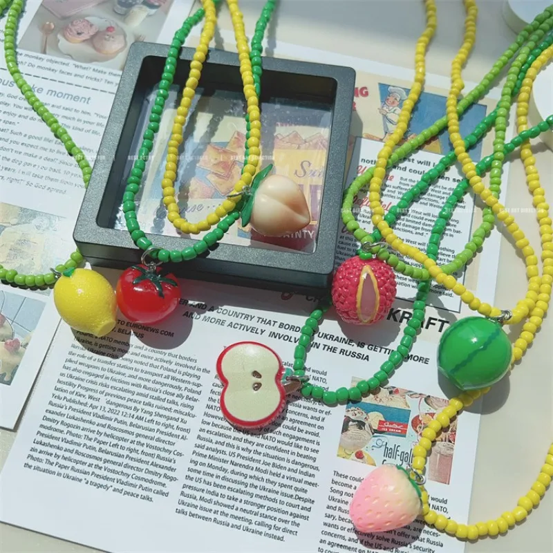 Summer Cute Watermelon Lemon Peach Apple Strawberry Lychee Tomato Resin Beads Pendant Necklace for Women Charm Party Jewelry