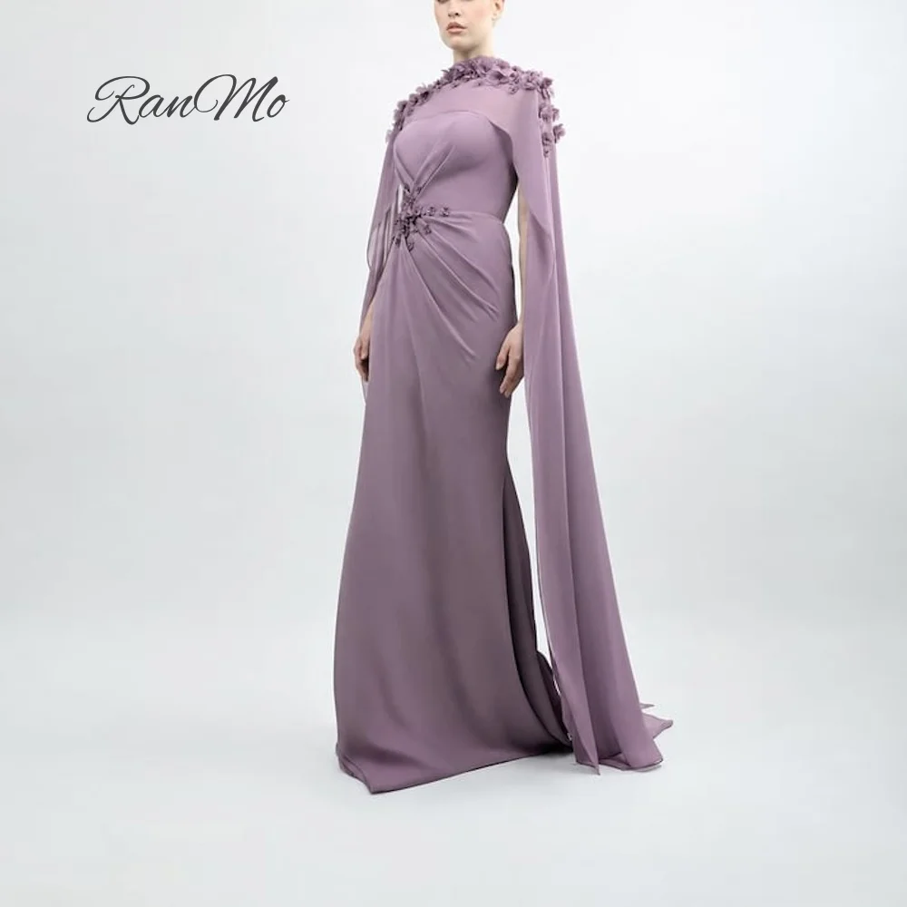 RANMO Custom Dusty Purple Mermaid Evening Dress 3D Floral Chiffon Cape High Neck Keyhole Back Floor Length Formal Gown