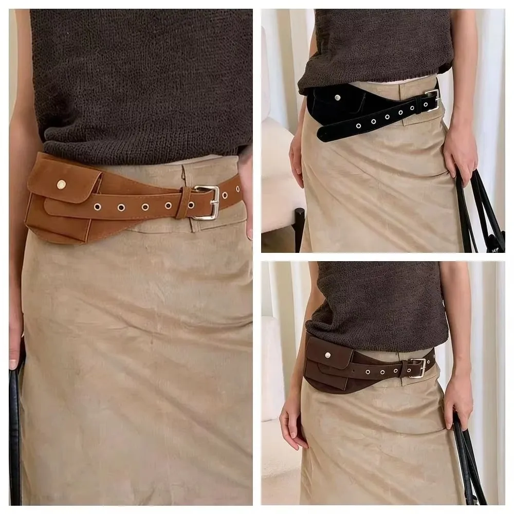 Versatile Portable Waist Bag Solid Color Leather Strap Belt Bag Pin Buckle Faux Suede Waistband Belt for Women