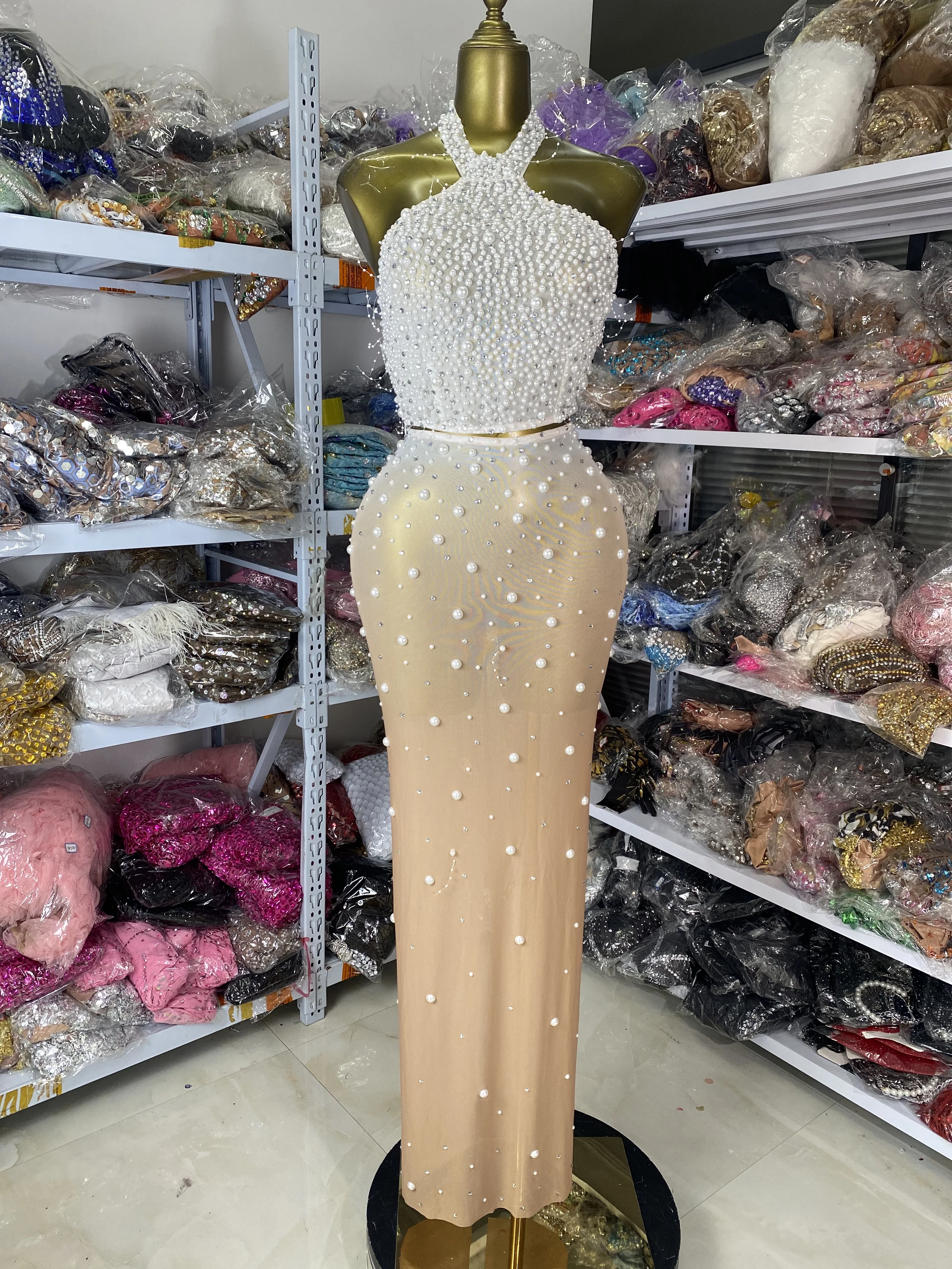 

Sparkly Pearls Rhinestones Mesh Crop Top Long Gradient Color Skirt Two Pieces Sets See Through Birthday Celebrity Evening Outfit