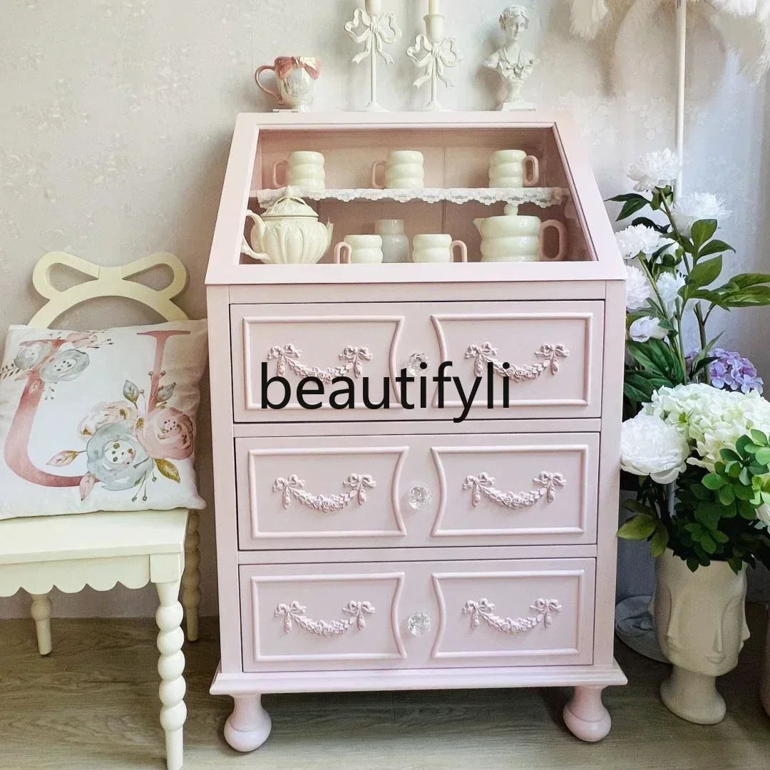 

FG28French glass surface solid wood chest, bedside table, dining side cabinet, European storage, locker, makeup