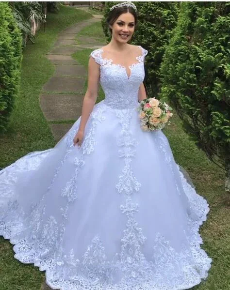 

Customized Wonderful Cap Sleeves Sleeveless Lace Appliques Wedding Dresses Sweep Train Robes DeMariage Garden Plus Size Bridal G