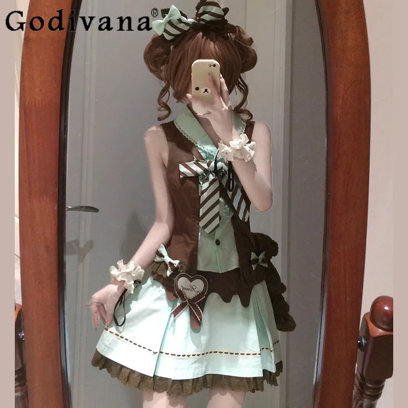 

Японский комплект из двух предметов: топ и юбка Y2L для девушек, летний женский облегающий комплект с мини-юбкой и футболкой в стиле кавайи, наряд в стиле Лолита