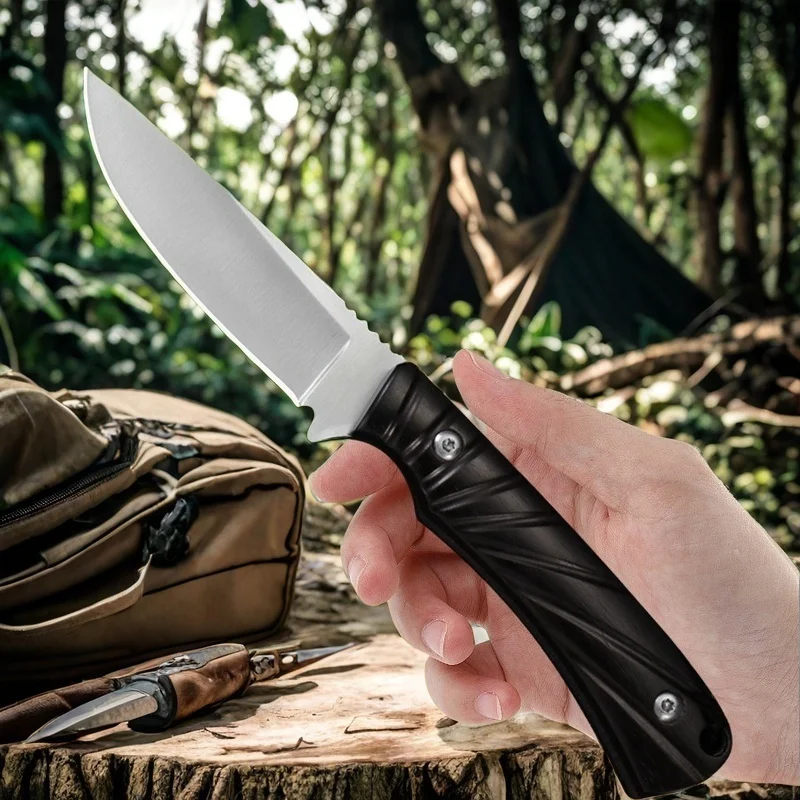 High Hardness Outdoor Knives One Piece Keel Ebony Handle Outdoor Knife Camping Straight Knife Hunting Sheath  EDC Survival