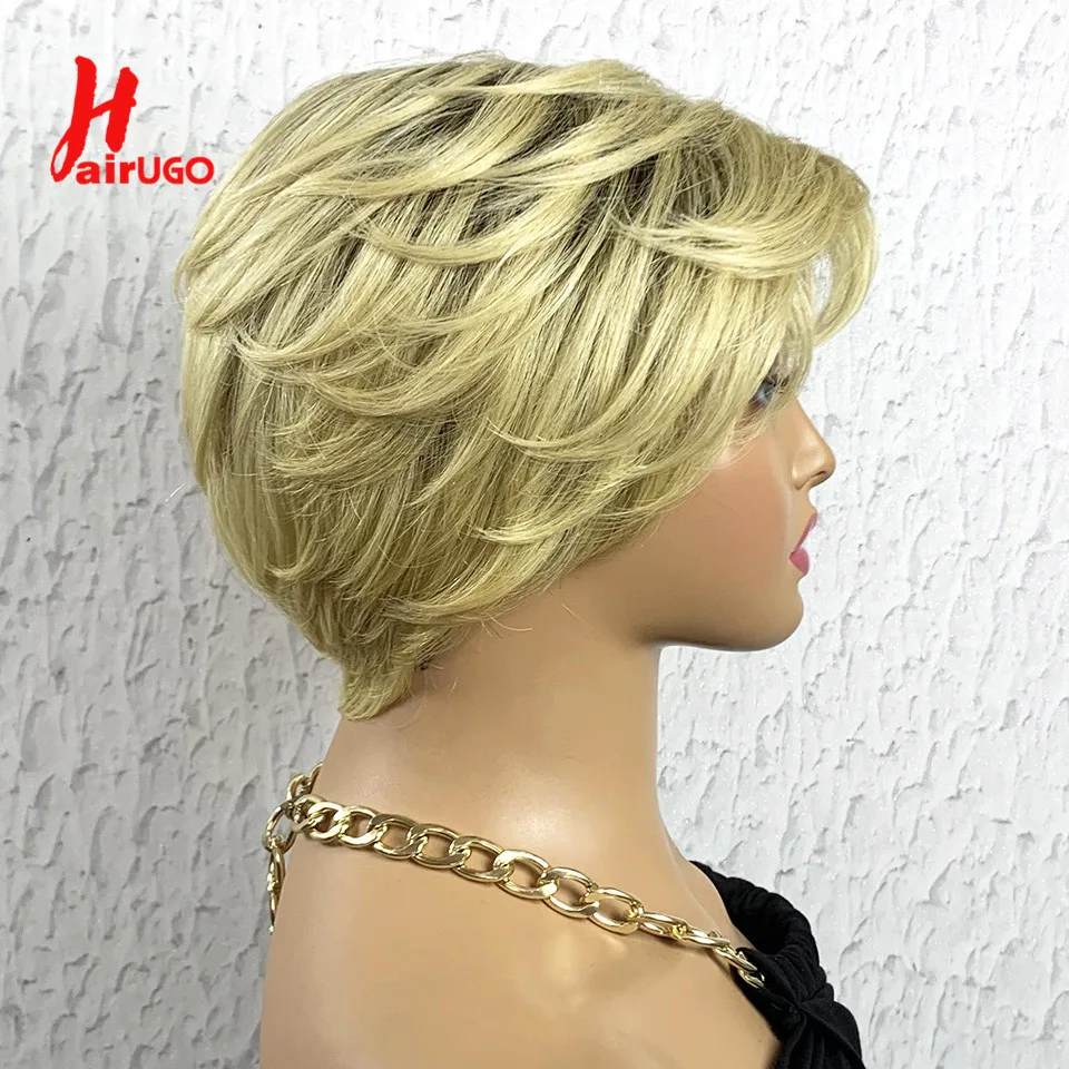 T4/613 Pixie Cut Wigs Glueless Wigs Dark Root Blonde Short Machine Made Wigs With Bangs Remy Curly Pixie Cut Human Hair Wigs