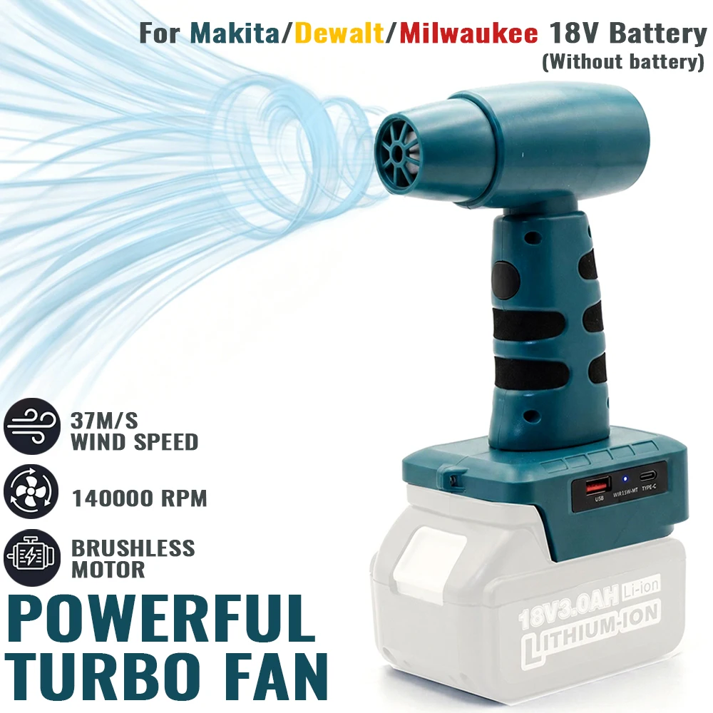 High Speed Hair Dryer For DeWalt/Makita/Milwaukee 18V Battery Portable Blower USB Type-C Charging Cordless Outdoor Power Tool