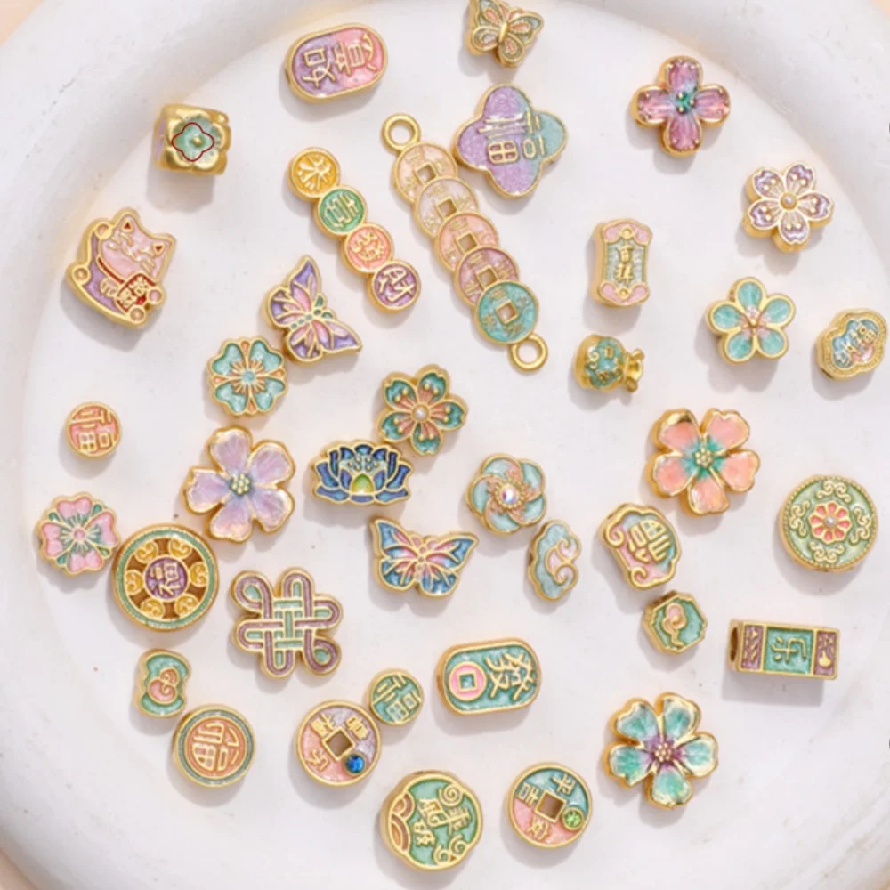 30 pcs Random Styles Ancient Gold Enamel Spacer Beads & Pendants - DIY Jewelry Accessories (Blessing/Floral/Lucky Cat)