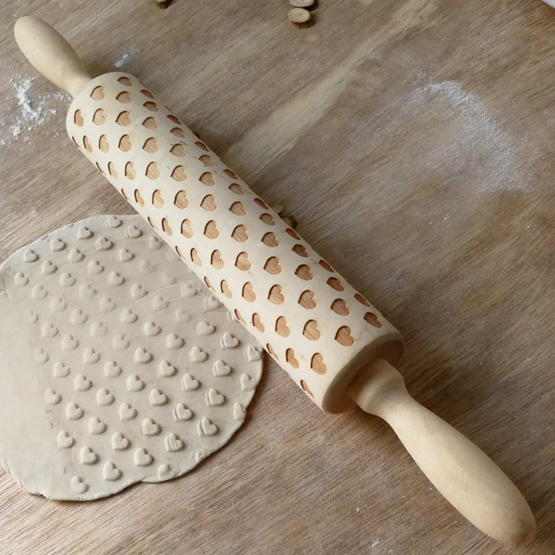 

Valentine's Day Embossing Rolling Pin Baking Cookies Biscuit Fondant Wooden Tool Cake DIY Heart Pattern Baking Rolling Pins
