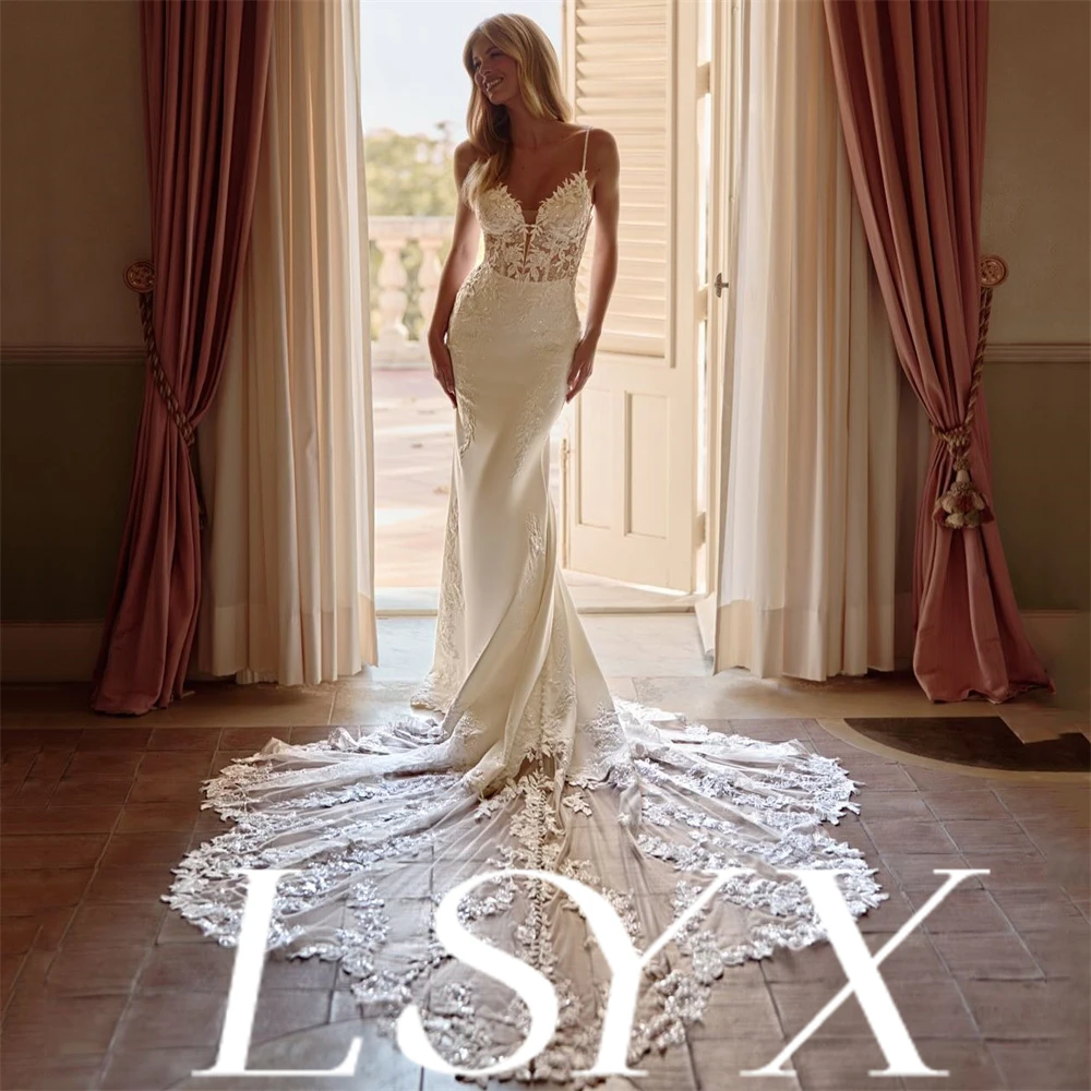 

Lsyx Customized Spaghetti Strap Wedding Dress Deep V Neck Lace Paneled Open Back Long Lace Train Mermaid Bridal Gown Elegant
