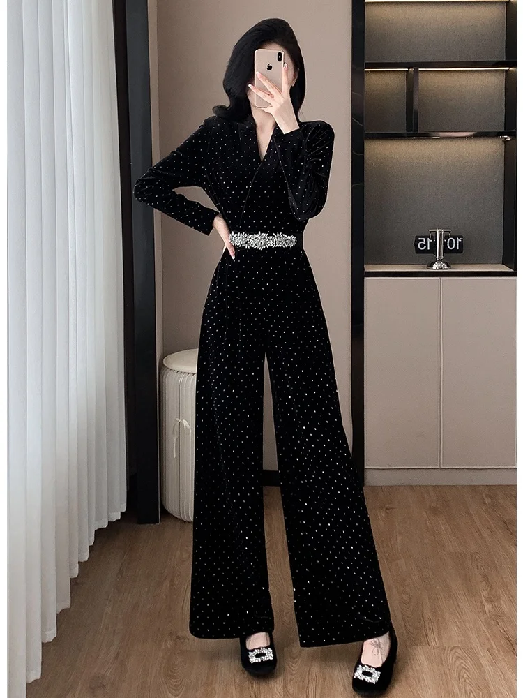 

New Autumn Winter Sexy V-Neck Rhinestone Slimming Velvet Jumpsuit Women's Vintage Elegant Y2k Streetwear Rompers With Belt