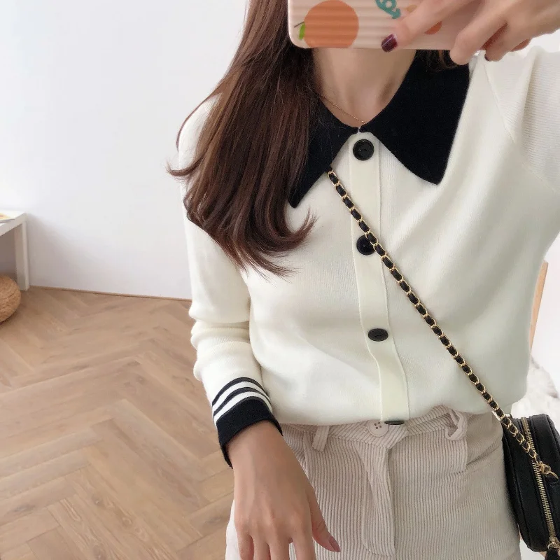 Sweet Turndown Collar Knitted Pullovers Women New Elegant Button Sweater Feminino Long Sleeve Fall Knit Tops Ropa Mujer E814