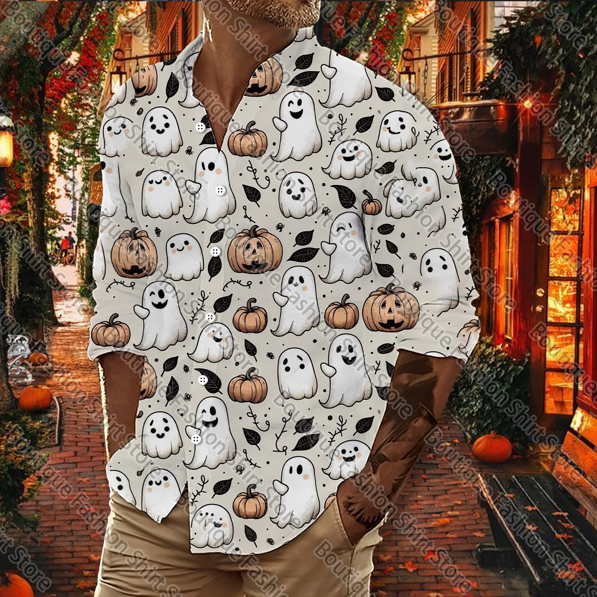 Hawaiian shirt Halloween shirt men's professional lapel shirt pumpkin high -definition printed shirt men's clothing