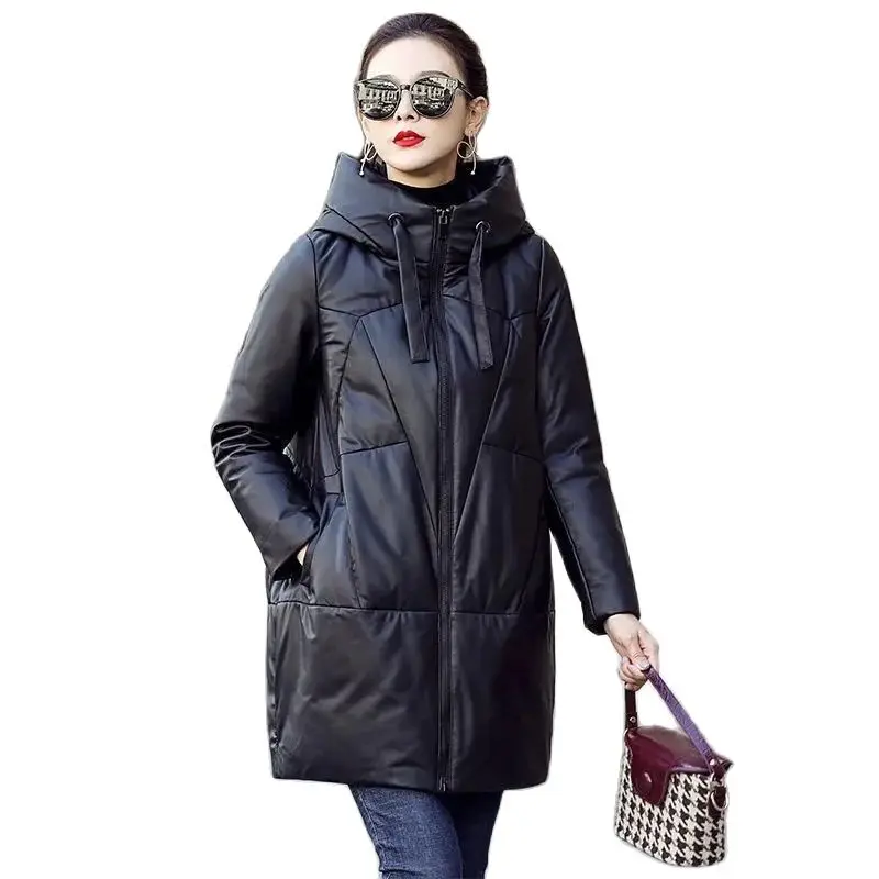 الشتاء شرنقة من نوع سميكة فضفاضة مبطنة بالقطن سترة سميكة سترات سوداء بولي معطف معطف جلد مقنعين أسفل ملابس قطنية المرأة #2