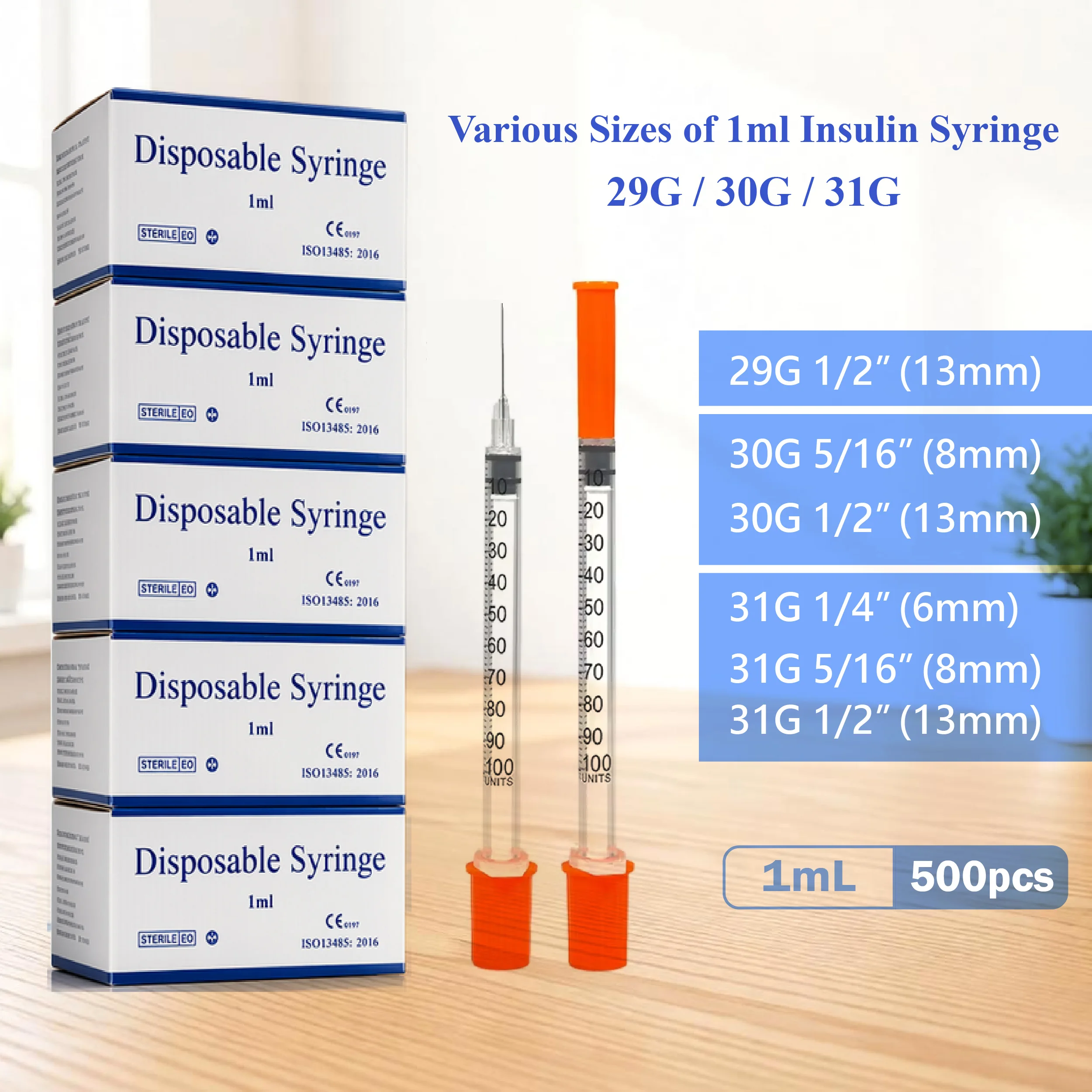 500pcs 1ml All Sizes 29G/30G/31G Sterile Insulin Orange Cap Syringe 6mm/8mm/13mm Needle Individually Packed for Pets Farm Animal