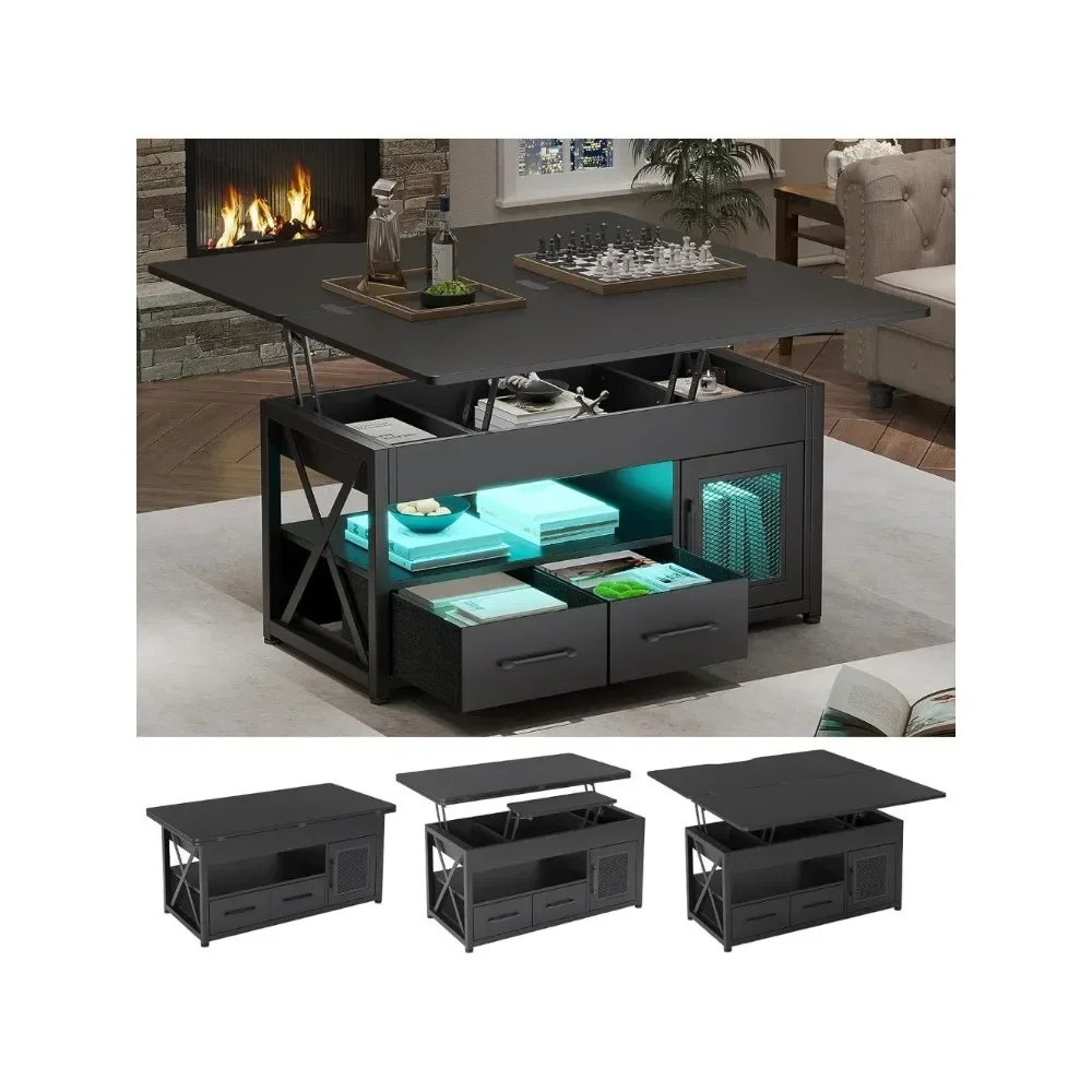 4-in-1 adjustable living room table with living room storage cabinet, 2 fabric drawers, and dining room LED lights